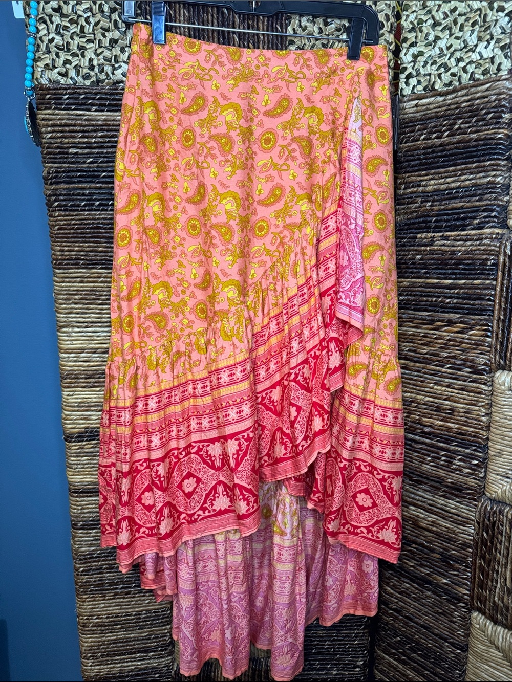 Boho High-Low Wrap Skirt in Pink and Yellow Paisley
